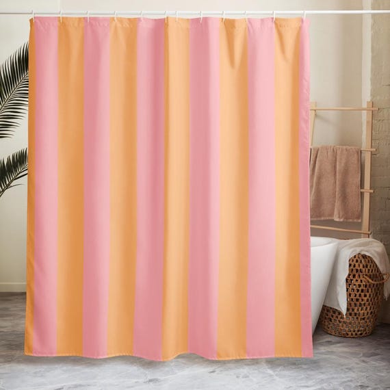 Striped Shower Curtain, Pastel Sherbet Bathroom Decor, Peach Pink Orange Stripe, Modern Bath