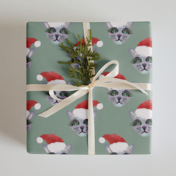 Santa Hat Cats Christmas Gift Wrap // 3 Wrapping Paper Sheets