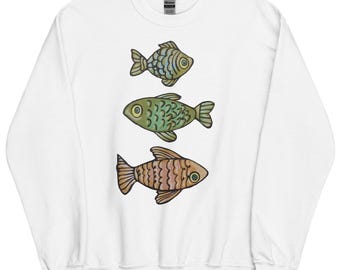 Handgezeichnetes Drei Fische Rundhals-Sweatshirt: Gemütlicher Meeresleben-Pullover