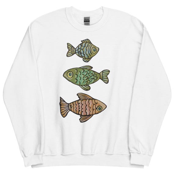 Hand Drawn Three Fish Crewneck Sweatshirt: Cozy Marine Life Pullover