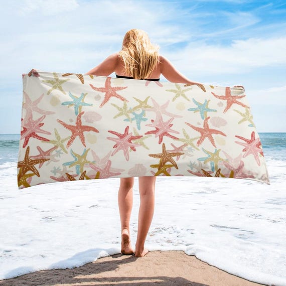 Seastar Beach Towel, Starfish Pool Towel, Boho Coastal Sea Star Design