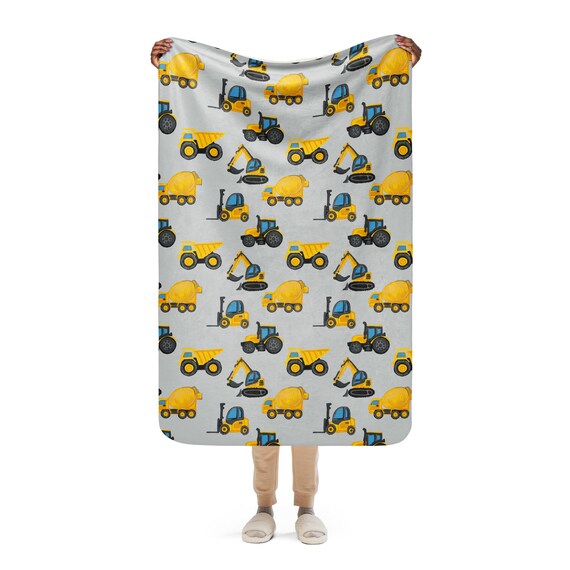 Construction Trucks Kids Blanket | Grey & Yellow Sherpa Fleece