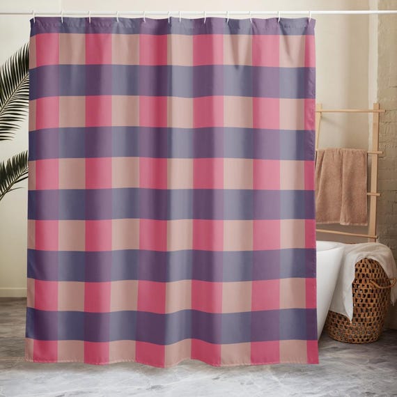 Gingham Shower Curtain, Pink Purple Plaid Bathroom Decor, Cute Check Bath Curtain, Preppy Bathroom