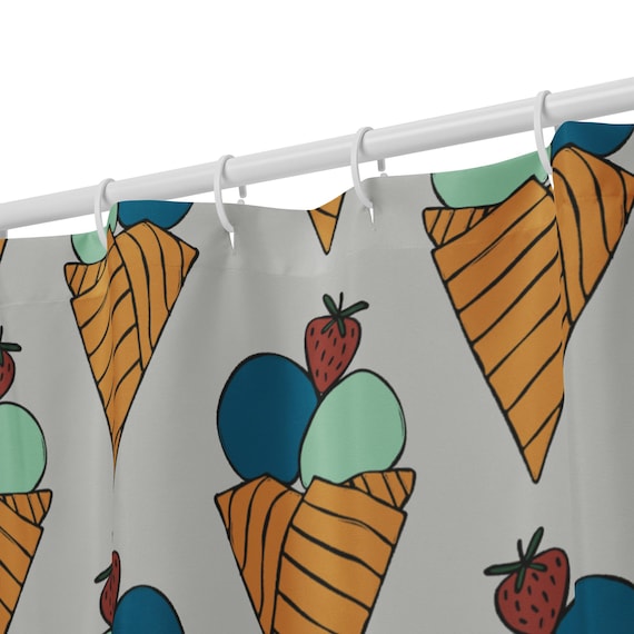 Hand-Drawn Ice Cream Cone Shower Curtain, Whimsical Sweet Treat Bath Decor