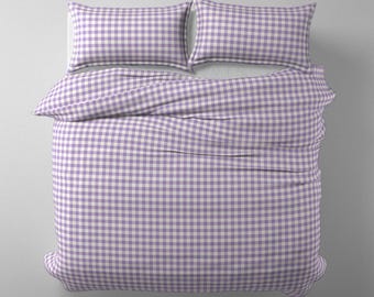 Funda nórdica de cuadros vichy lavanda, ropa de cama a cuadros morados y crema, decoración de dormitorio estilo cottagecore