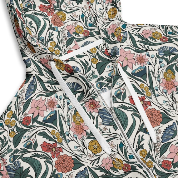 Vintage Botanical Zip Hoodie, Cottagecore Floral Artwear, Nature Inspired Unisex Sweatshirt