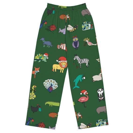 Christmas Animal Print Wide-Leg Pants, Unisex Pajama Style
