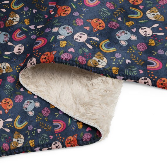 Sherpa Blanket, Navy Animals & Rainbows, Hand-Drawn