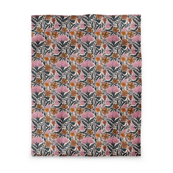 Floral Duvet Cover / Pink and Gold Flowers / Block Print Design