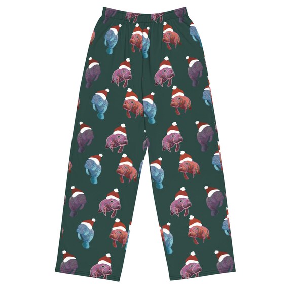 Fun Christmas Manatee Pajama Pants / Unisex Wide Leg Lounge Pants with Pockets