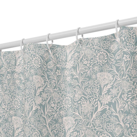 Pastel Aqua Floral Shower Curtain – Light Blue Botanical Design for Spa Bathrooms