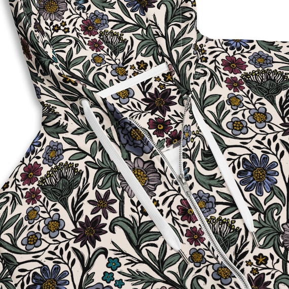 Botanical Floral Zip Hoodie, Vintage Garden Hoodie, Cottagecore Aesthetic Unisex Sweatshirt Jacket