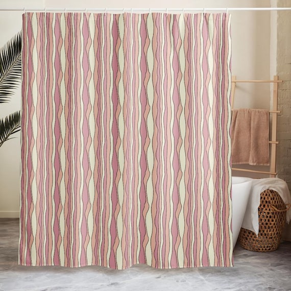 Retro Wavy Stripe Shower Curtain, Mid Century Modern Bathroom Decor