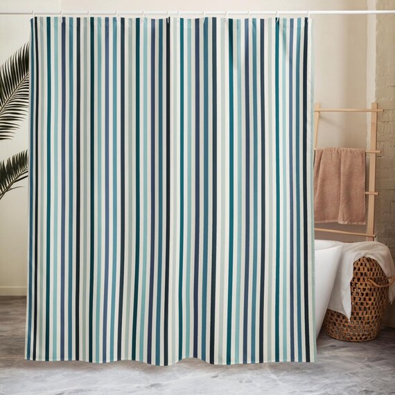 Striped Shower Curtain, Coastal Modern Bathroom Decor, Blue Green Stripe Bath, Minimalist Preppy Style
