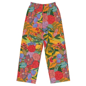 Fun bold colorful floral print unisex wide-leg pants