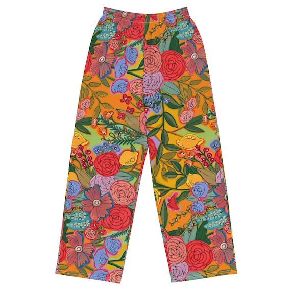 Fun bold colorful floral print unisex wide-leg pants