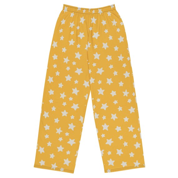 Yellow star print unisex wide-leg pants / Hand drawn festive lounge wear / Make great holiday pajama bottoms