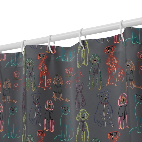 Hand-Drawn Dog Shower Curtain, Colorful Whimsical Pet Bathroom Decor
