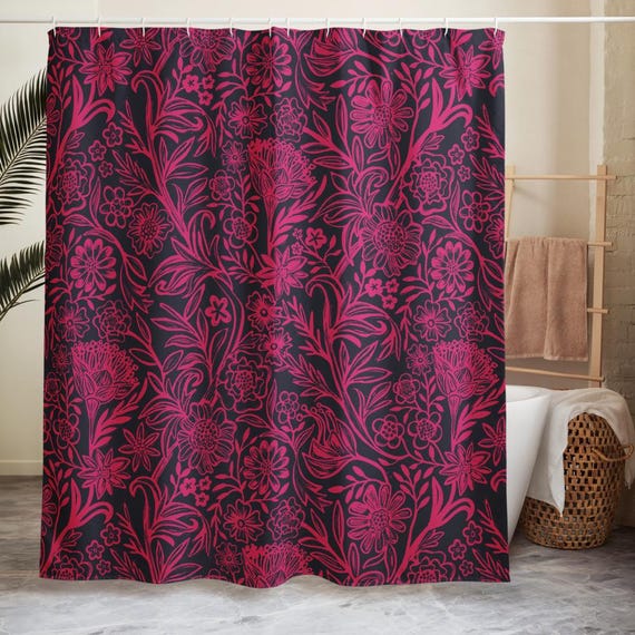 Vibrant Floral Bathroom Curtain – Fuchsia Flowers on Navy Background