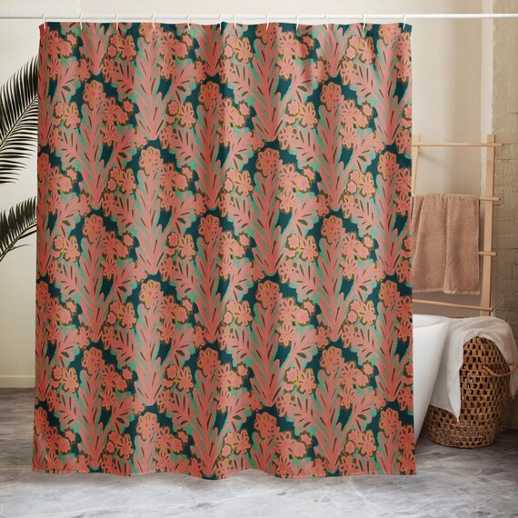 Emerald & Peach Floral Shower Curtain: Botanical Design
