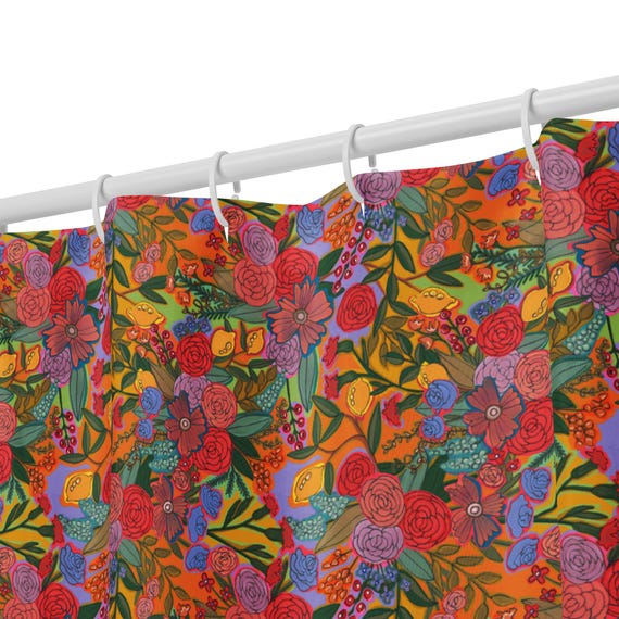 Bright Red Floral Shower curtain / Flowers and Lemons Handdrawn by Jrouxart