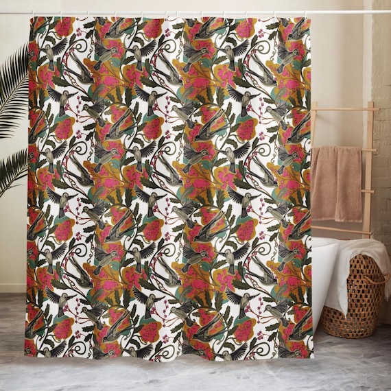 Floral Birds Shower Curtain, Hand-Drawn Design