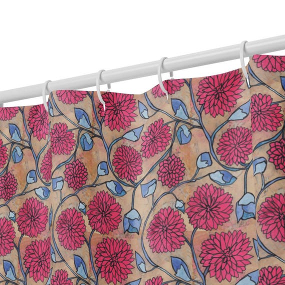 Pink Floral Shower Curtain – Block Print Style Bathroom Decor, Pink Blue Beige Flower Design