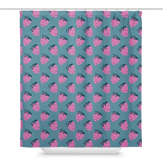 Pink Strawberry Shower Curtain / Strawberries On Slate Blue