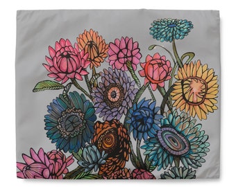 Flower King Size Duvet Cover - A modern grey duvet cover with pretty pastel straw flowers