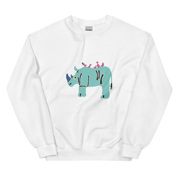 Rhino Sweatshirt, Hand-Drawn Wildlife Print, Embroidered Crewneck