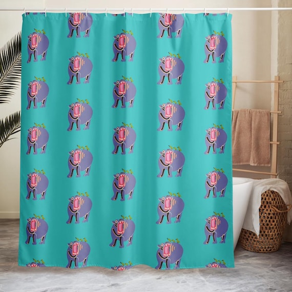 Hippo Shower Curtain, Cute Animal Bathroom Decor, Whimsical Jungle Bath, Kids Safari Home