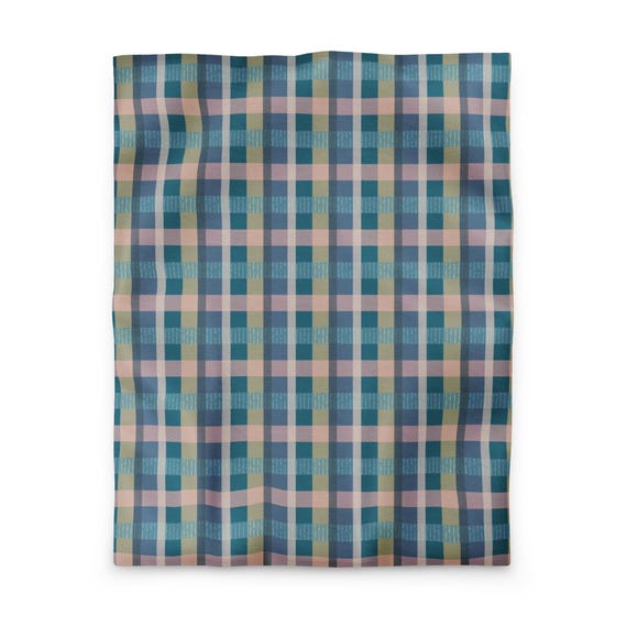 Plaid Duvet Cover,  Blue Pink And Gold Comforter Cover