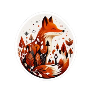 Op de afbeelding: Een gestileerde illustratie van een oranje vos met een witte borst en staart, omringd door een bos van gestileerde bomen en bladeren. De vos glimlacht en kijkt naar rechts.