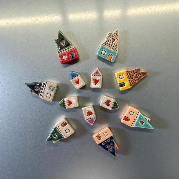 Handmade Ceramic Mini House Magnets Collection: Tiny Colorful Pottery Fridge Decor