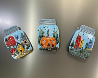 Handmade Stoneware Clay Magnets: Fall Decor, Little World in a Jar