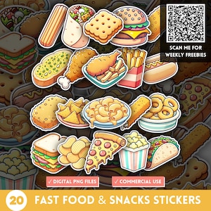 Naklejki PNG z motywem Fast Food & Snacks, Clip Art z kreskówkową uliczną śmieciową żywnością, Finger Food, Smaczne przysmaki, Burger, Taco, Frytki, Kawałek pizzy
