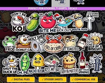 Adult Sarcastic Humor Pun Stickers, Snarky Cartoon Expression, Quirky Quote PNG Bundle, Sarcastic Swear Word, Food & Animal Sticker Sheets