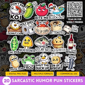Sarcastic Adult Humor Pun Stickers, Silly Cartoon Expression PNG, Quirky Quote, Sarcastic Swear Word Decals, Funny Food & Animal Clipart