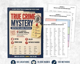 True Crime Mystery Detective Logic Puzzles, Elimination Game, Brain Teaser Activity Puzzle Book, Printable Party Favors, Digital Download