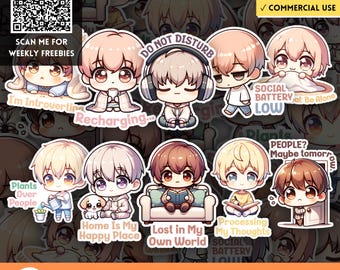 Cute Chibi Introvert Character PNG Stickers, MBTI Stickers, Kawaii Self Care Clipart, Mental Health & Wellness PNG, Journal Stickers