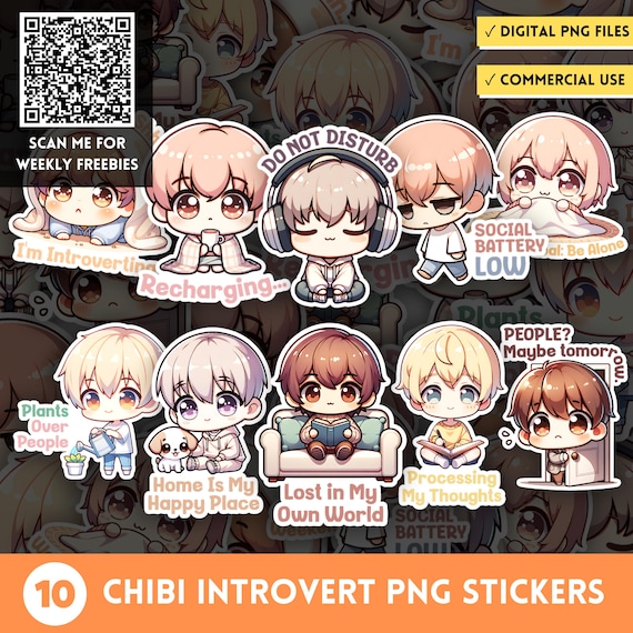Cute Chibi Introvert Character PNG Stickers, MBTI Stickers, Kawaii Self Care Clipart, Mental Health & Wellness PNG, Journal Stickers