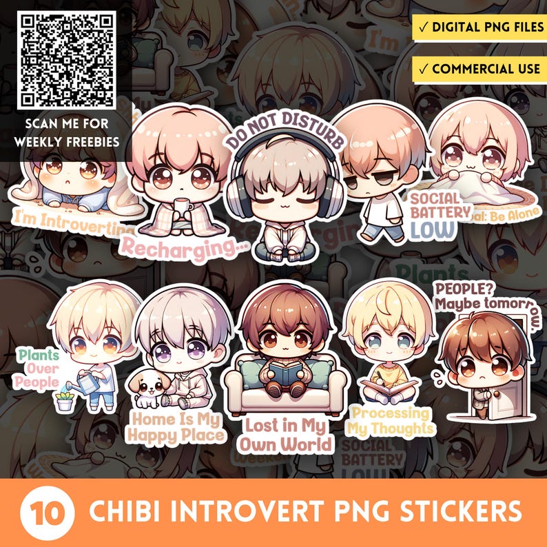 Cute Chibi Introvert Character PNG Stickers