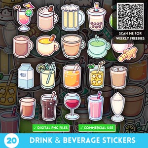 Adesivo de bebida e bebida de desenho animado, clipart de álbum de recortes de menu de bebidas, PNG de café e bebida de verão de assinatura, loja de happy hour, adesivos Goodnotes