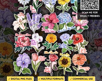 Watercolor Flower Meaning Stickers, Floral Decorations PNG Clipart, Floriography Wellness Quote, Junk Journal & Scrapbooking Kit, DIY Gifts