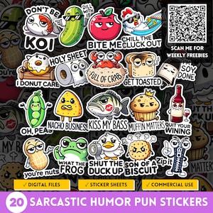 Stickers jeu de mots humour adulte sarcastique, expression idiote de dessin animé PNG, citation originale, gros mots sarcastiques, nourriture drôle et animaux autocollant feuilles