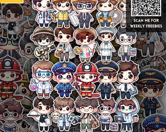 Male Chibi Character Occupation Stickers PNG, Inspiring Kawaii Sticker Pack, Funny Workplace, Career and Profession PNG, POD and Mug Designs