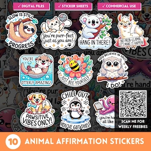 Kawaii Animal Daily Affirmation PNG, Funny Self Care Pun Sticker, Happy Animal Quote Clipart, Motivational Sticker Sheets, POD & Mug Designs