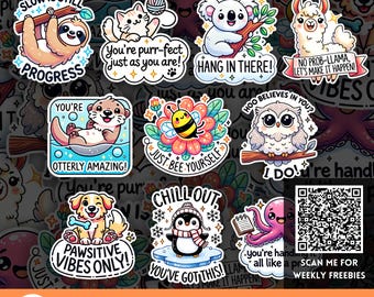 Kawaii Animal Daily Affirmation PNG Bundle, Self Care Pun Sticker, Happy Animal Quote Clipart, Motivational Sticker Sheets, Mug, POD Designs