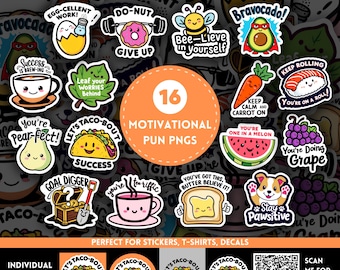 Motivational Pun Sticker PNG Bundle, Daily Affirmation Positivity Quotes, Cute Sticker Sheets, Kawaii Mental Health, Mug, Tshirt POD Designs