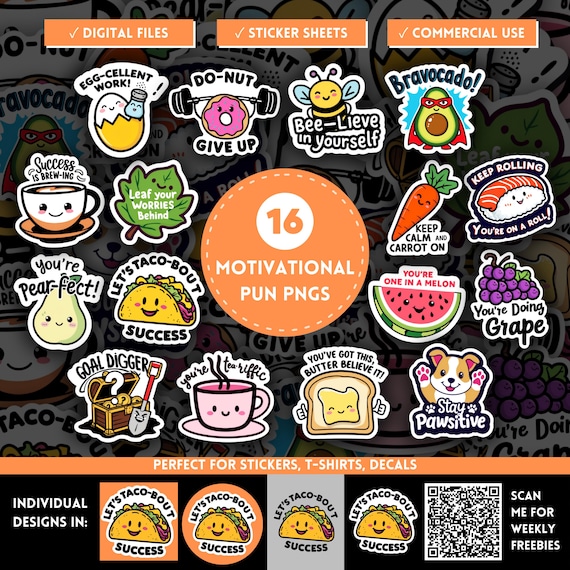 Funny Motivational Pun Sticker PNG Bundle, Daily Affirmation Quotes, Cute Sticker Sheets, Kawaii Mental Health, Mug, Tshirt POD Designs